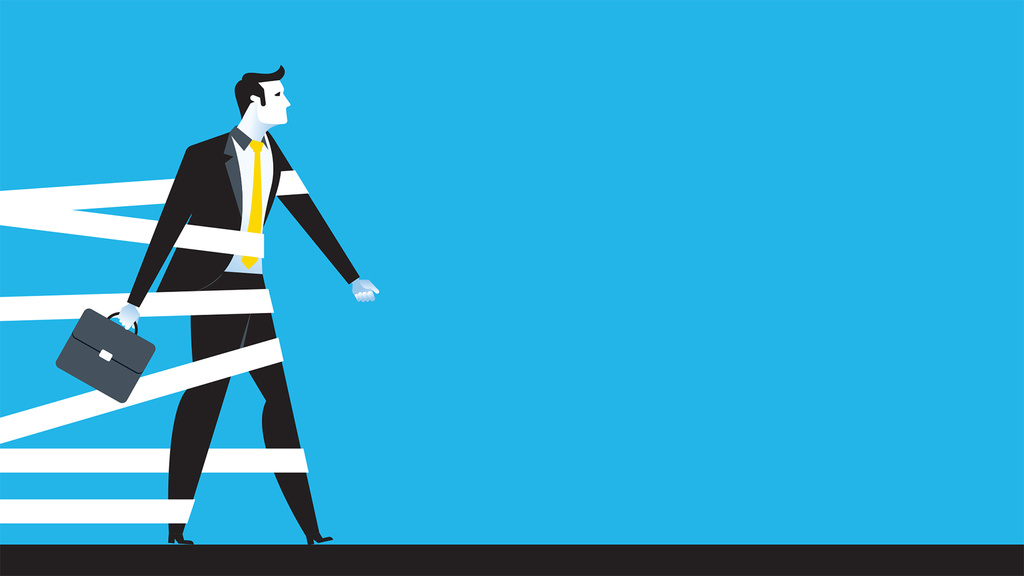 Illustration of a man with a briefcase being held back by white bands